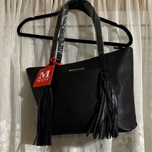 Montana West Black Tassel Tote with Gold Logo Accent